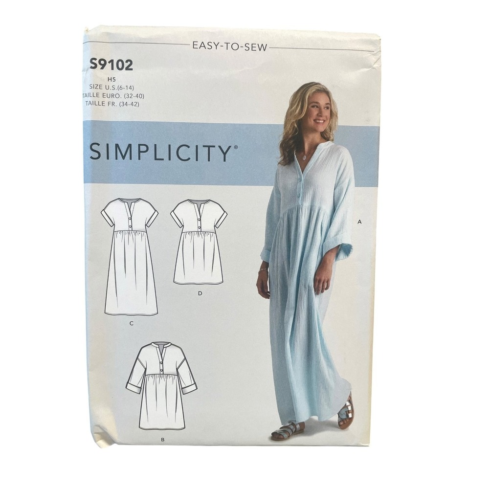 Simplicity S9102 Sewing Pattern Women 6-14 Blue Caftan Dress Tunic Easy-to-Sew